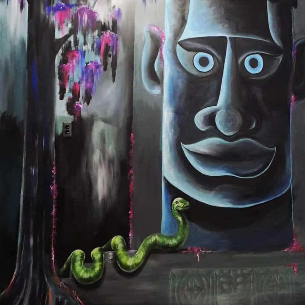 Amanda Bouldin's Parade Creations - Tiki Wall Painting - Background scenery design. Painting, texture, and airbrushing.