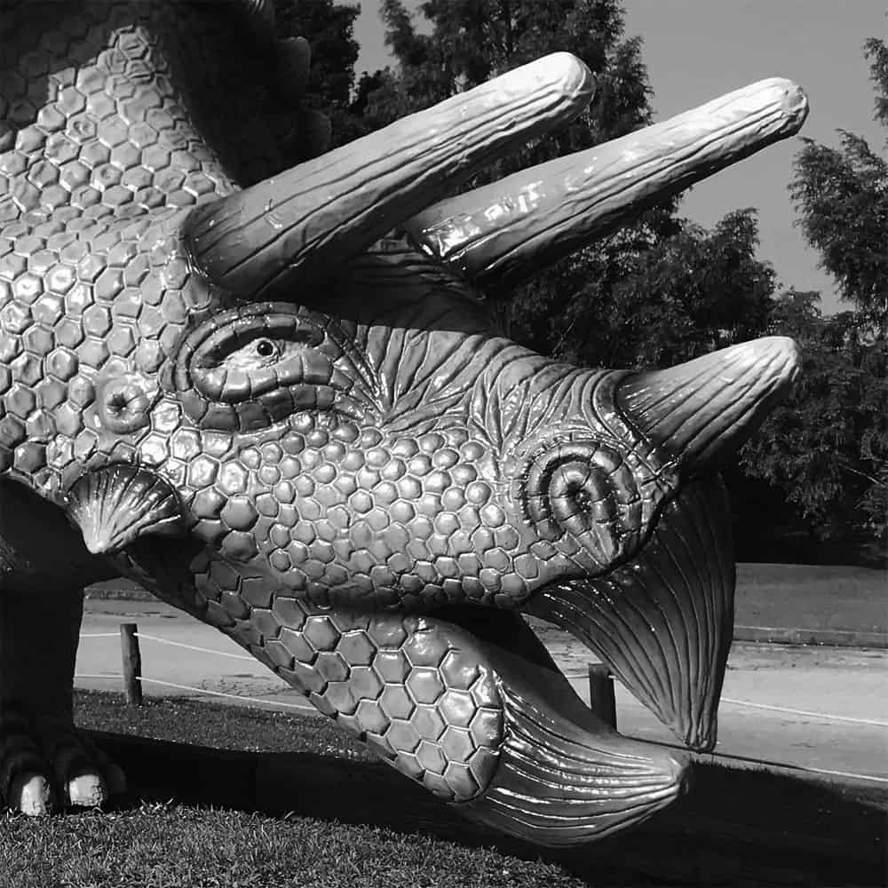 Amanda Bouldin's Dinosaur Restorations - Triceratops - Pressure washed, repair and restoration, painting and sealant applied.