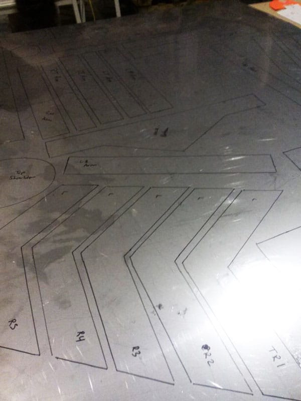 Amanda Bouldin's Costume Designs - Production of chest piece - template and base metal ready for cutting