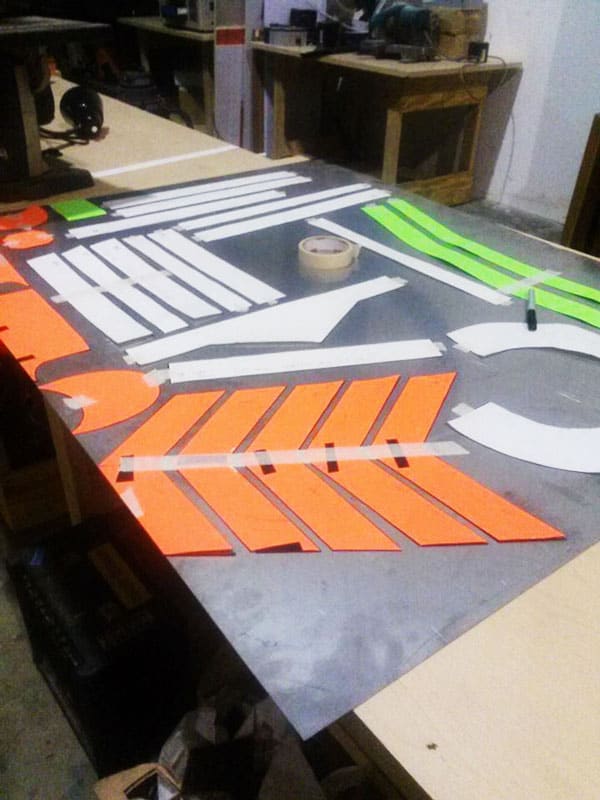 Amanda Bouldin's Costume Designs - Production of chest piece - template and base metal prepared for cropping