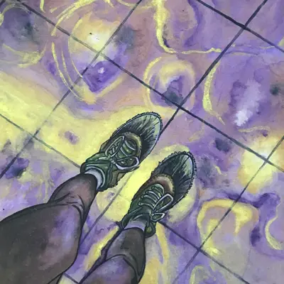 A first-person perspective illustration looking down at a pair of detailed green sneakers standing on a tiled floor with vibrant swirls of purple and neon yellow.
